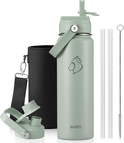 BUZIO 40oz Insulated Water Bottle, Triple Wall Vacuum Stainless Steel Water Flask with 2 lids, Lead-Free BPA-Free Straw Lid Sports Canteen Jug, Cold 48H & Hot 24H- Black - Colors A