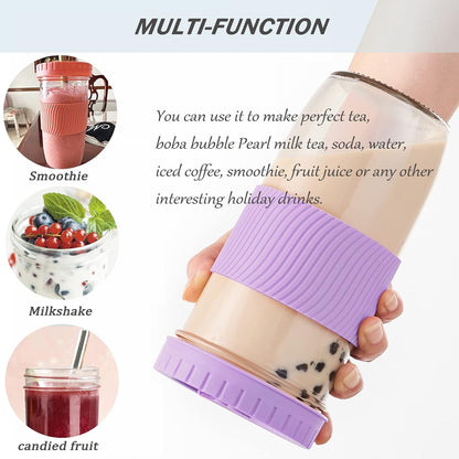 Amyoole 2 Pack Reusable Boba Cup, 24Oz Wide Mouth Smoothie Cup,mason Jar Glass Cups with Lids and Straws,Bubble/Boba Tea Cups,Ice Coffee Tumbler 2 colored straws 1 sponge brush(Pink)