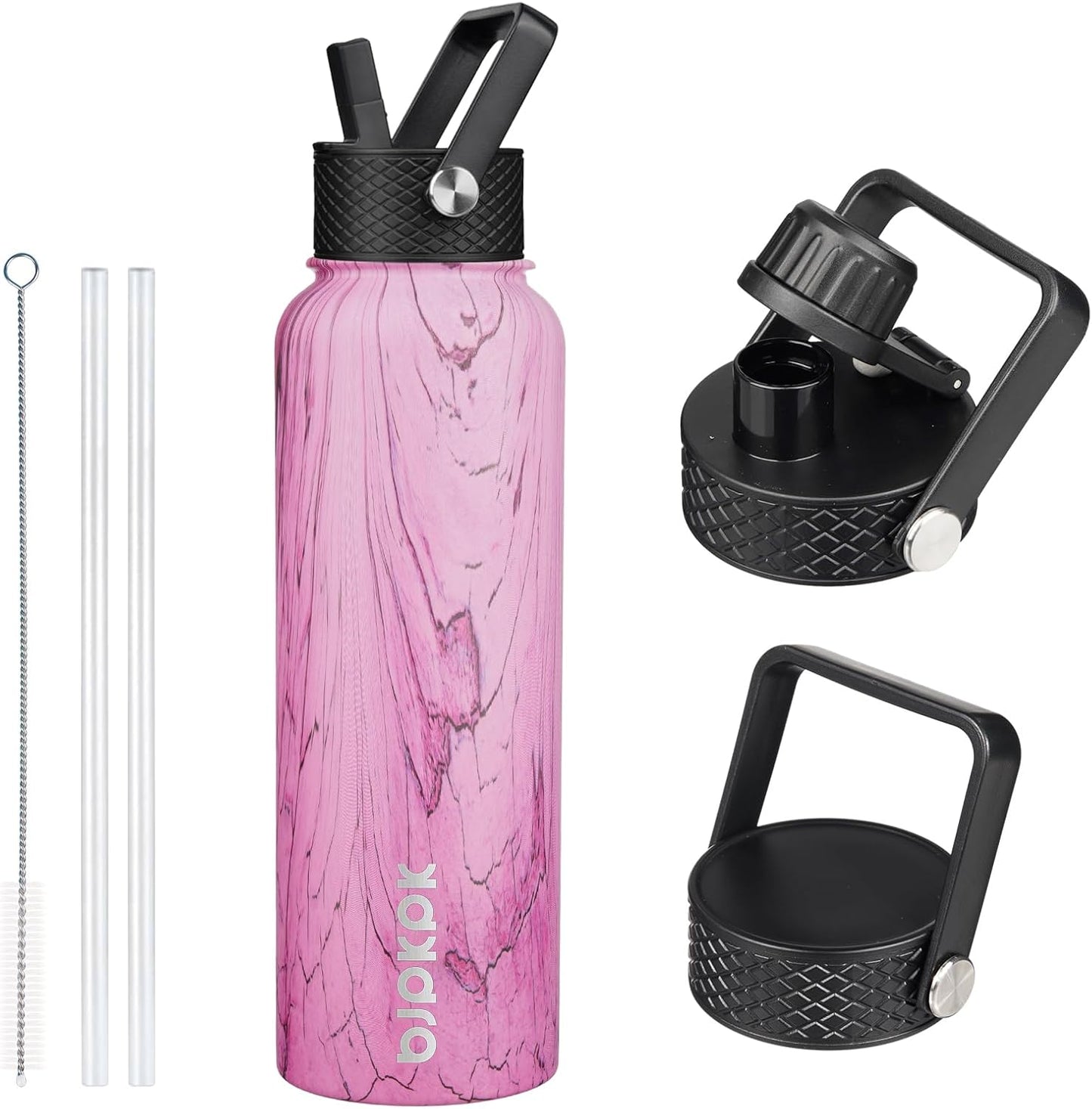 BJPKPK Insulated Water Bottles with Straw Lid, 40oz Stainless Steel Water Bottles with 3 Lids, BPA Free Leakproof Thermo, Tumblers, Cups for Sports, Gym- Midnight - Colors B