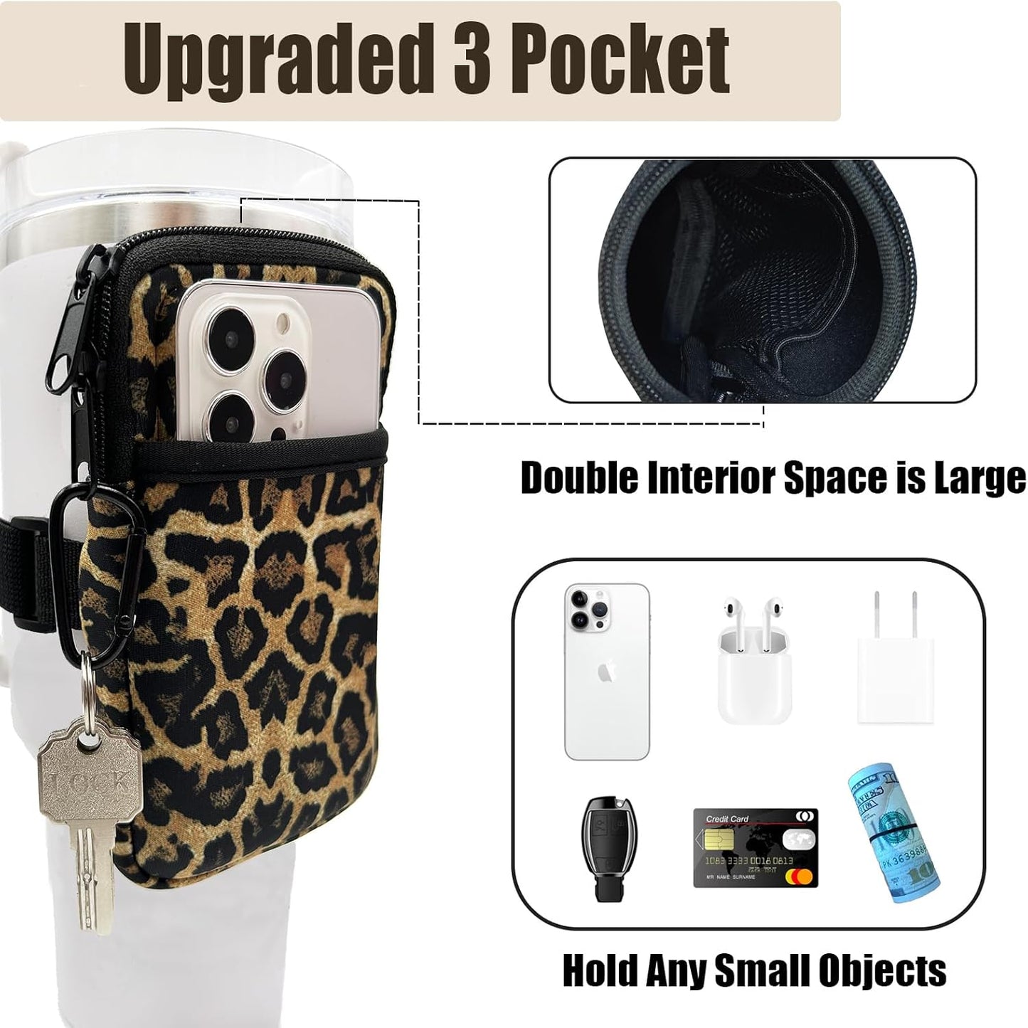 LMYUHONG Water Bottle Pouch For Stanley cup accessories 40oz 20oz 30oz,tumbler pouch with Versatile Pocket, for Cards, Keys,Earphone. Fits for Phones, Use for Running, Walking, Hiking,Biking,DeepPink