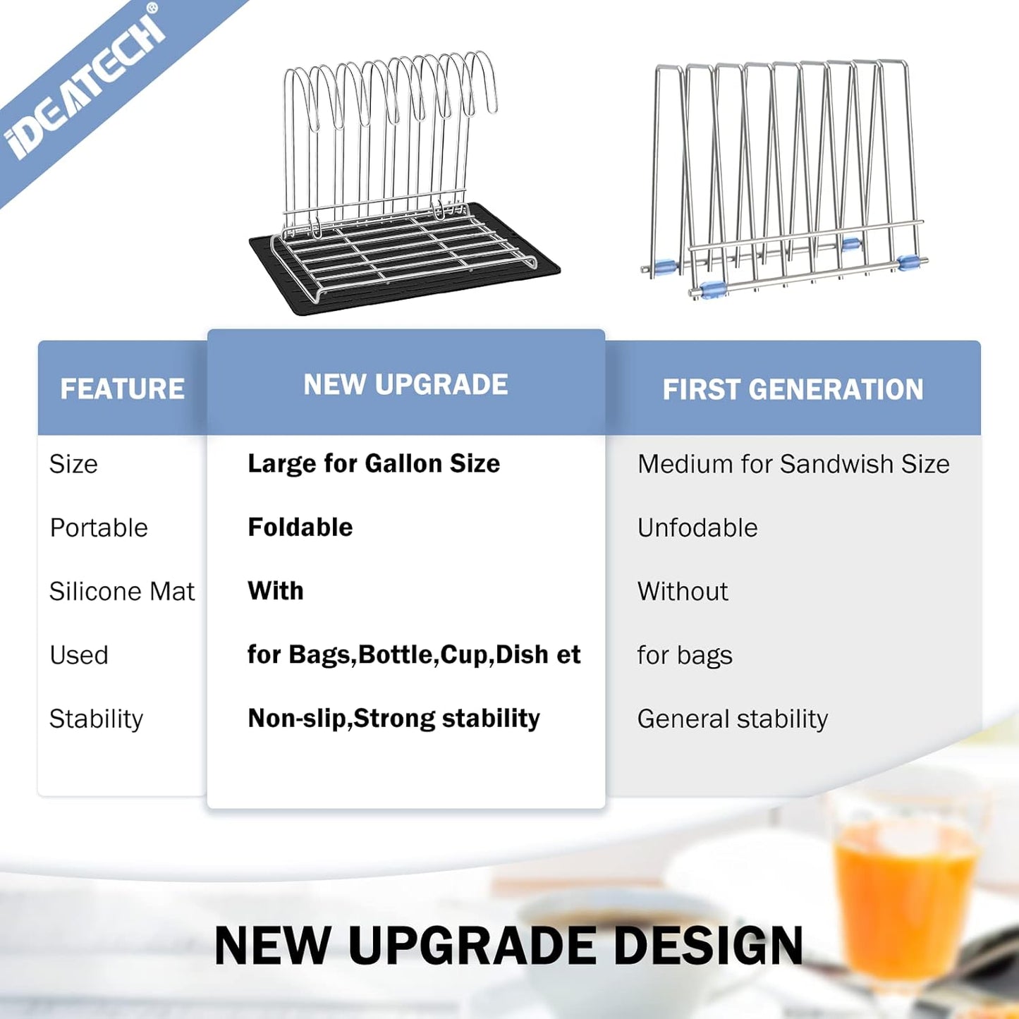 IDEATECH Reusable Bag Rack with Cup Drying Mat,Plastic Bag Dryer Rack Dish Drying,Collapsible Kitchen Counter Storage Organizer Sponge Holder,Dryer Rack for Silicone Storage Bag,Kitchen Must Have