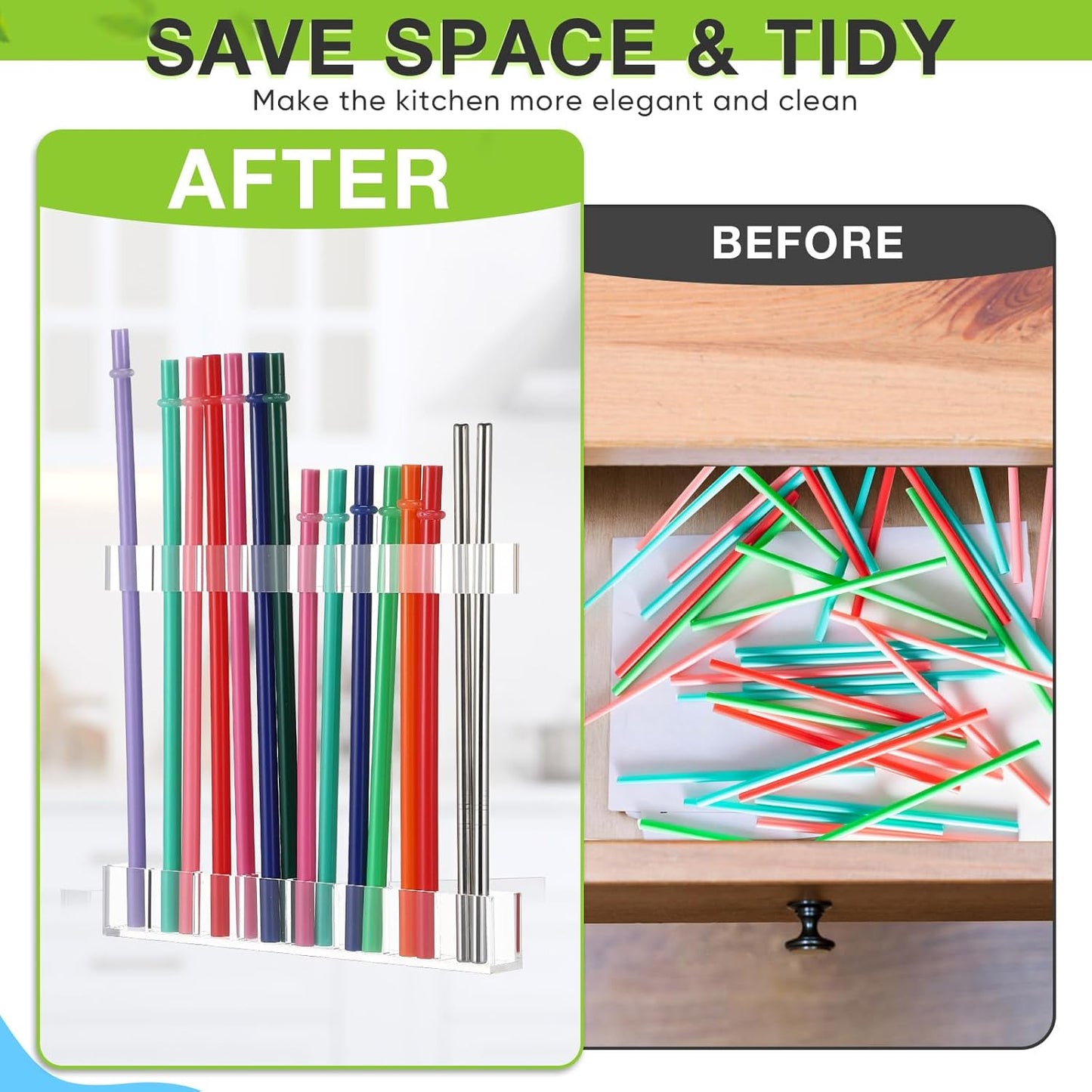 Baderke Straw Holder for Cabinet Reusable Straw Organizer with Double Sided Adhesive Tape Screws Storage Container for Kitchen Counter Cupboard(White,Classic)