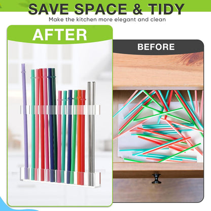 Baderke Straw Holder for Cabinet Reusable Straw Organizer with Double Sided Adhesive Tape Screws Storage Container for Kitchen Counter Cupboard(White,Classic)