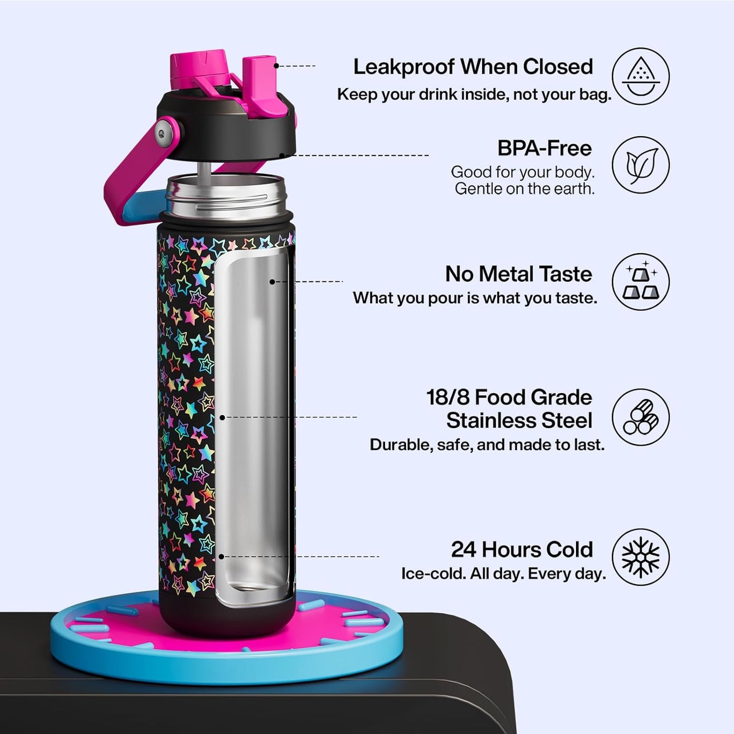 ENCOOL Insulated Water Bottle with Straw Stainless Steel Water Bottle, Leak-Proof, BPA-Free, Double Wall Vacuum Keeps Cold for 24 Hours for Sports, Travel, School (26 oz, Cotton Candy) - Colors B