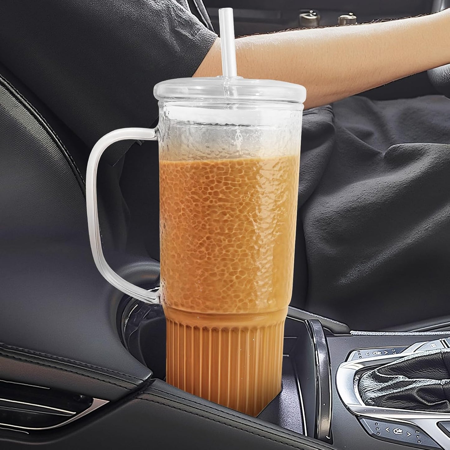 JunVpic Glass Cups with Lids and Straws,24oz Glass Tumbler with Handle Iced Coffee Cup for Coffee,Juice,Tea,Milk,Smoothie,Hot & Cold Drinks (Pink)