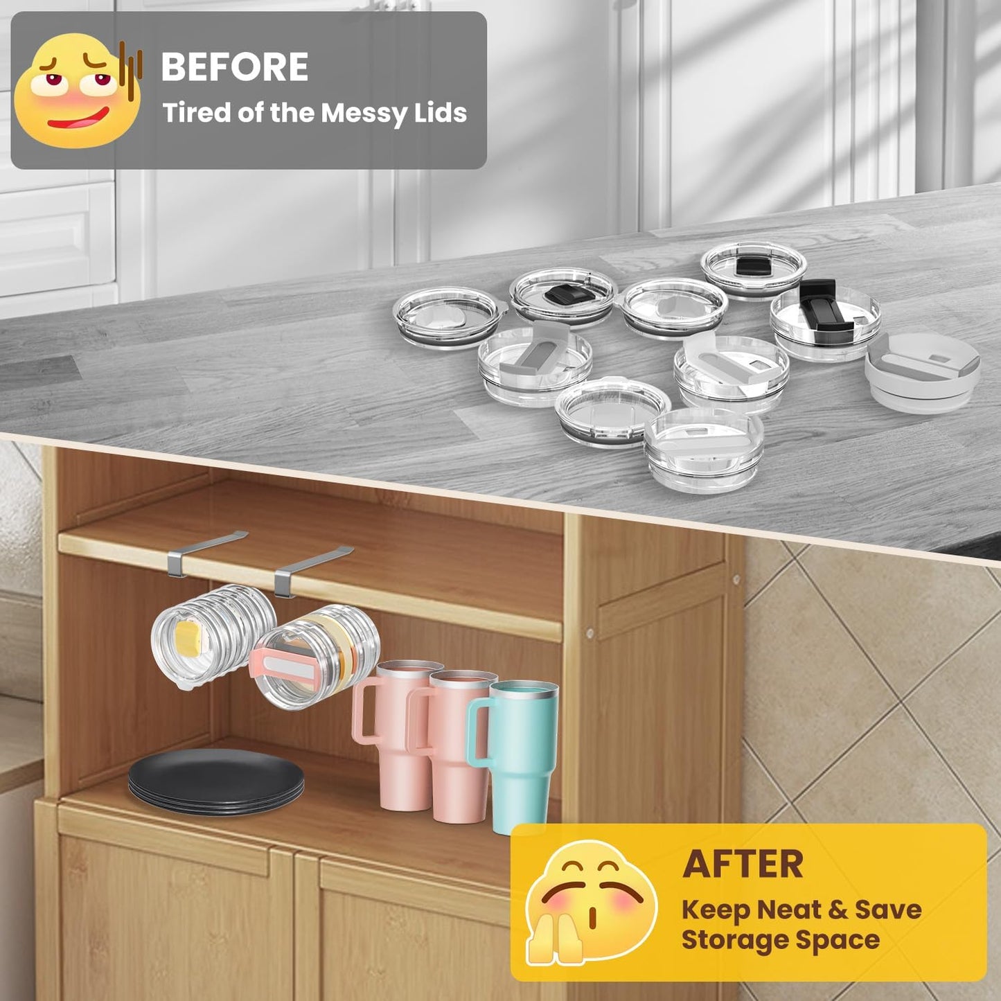 2 Pack Tumbler Lid Organizer, Under Cabinet Cup Lid Holder for Yeti Insulated Mug/Stanley Insulated Mug/Simple Modern Insulated Mug Lid, No Gluing, No Drilling, Up to 10 Lids (Black)