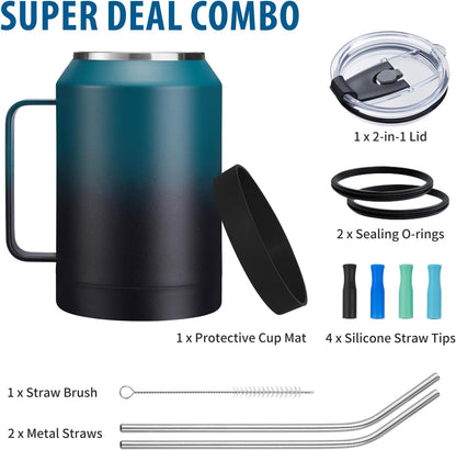 50 oz Insulated Tumbler with Handle and Straw - Stainless Steel Double Wall Coffee Mug, 2-in-1 Lid Metal Water Bottle, 36H Cold 24H Hot Travel Hydro Cup Jug with Silicone Boot