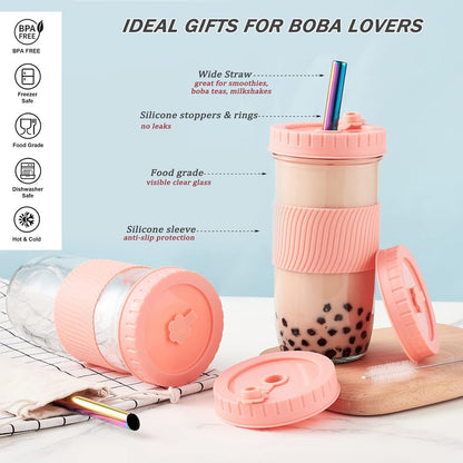 Amyoole 2 Pack Reusable Boba Cup, 24Oz Wide Mouth Smoothie Cup,mason Jar Glass Cups with Lids and Straws,Bubble/Boba Tea Cups,Ice Coffee Tumbler 2 colored straws 1 sponge brush(Pink)