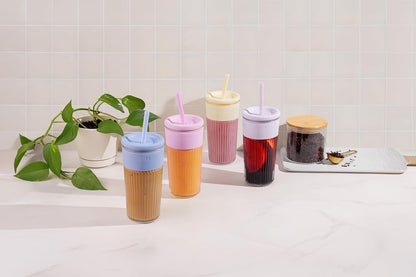 Ello Devon Glass Tumbler , Protective No Sweat Silicone Sleeve and Splash Proof Wooden Detail Lid with Straw, 18 oz