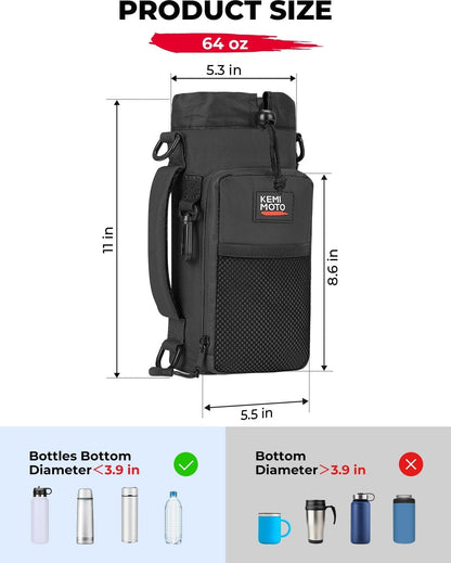 KEMIMOTO Water Bottle Holder Bag, Water Bottle Carrier with Adjustable Shoulder Strap, Water Bottle Pouch Holder for Hiking, Camping, Fishing, Compatible with YETI STANLEY SLM 32 oz, 40 oz, 64 oz