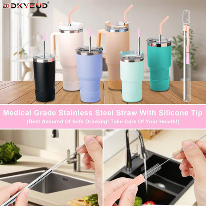 Reusable Stainless Steel Straws Set 6 PCS with 6 Silicone Tips, 2 Straw Brush, 1 Storage Case, Different Sizes of Metal Straws Reusable, Suitable for 14, 20, 30 oz Cups Tumbler, for Hot/Cold Drinks