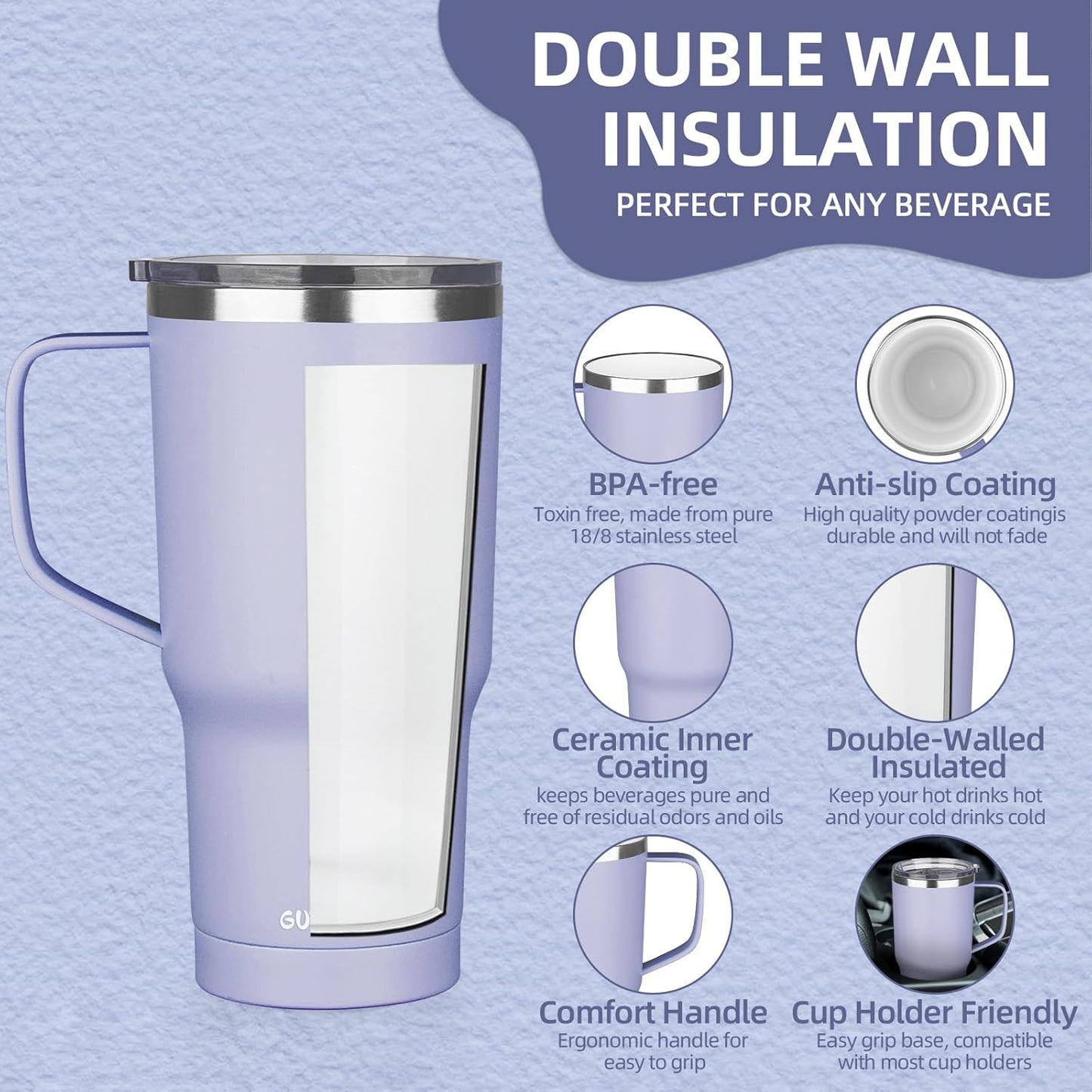 20 oz Insulated Coffee Mug with Ceramic Coating, Stainless Steel Travel Mug Tumbler with Handle Lid and Straw, Double Wall Leak-Proof Coffee Travel Mug Keeps Drink Hot and Cold (Black)
