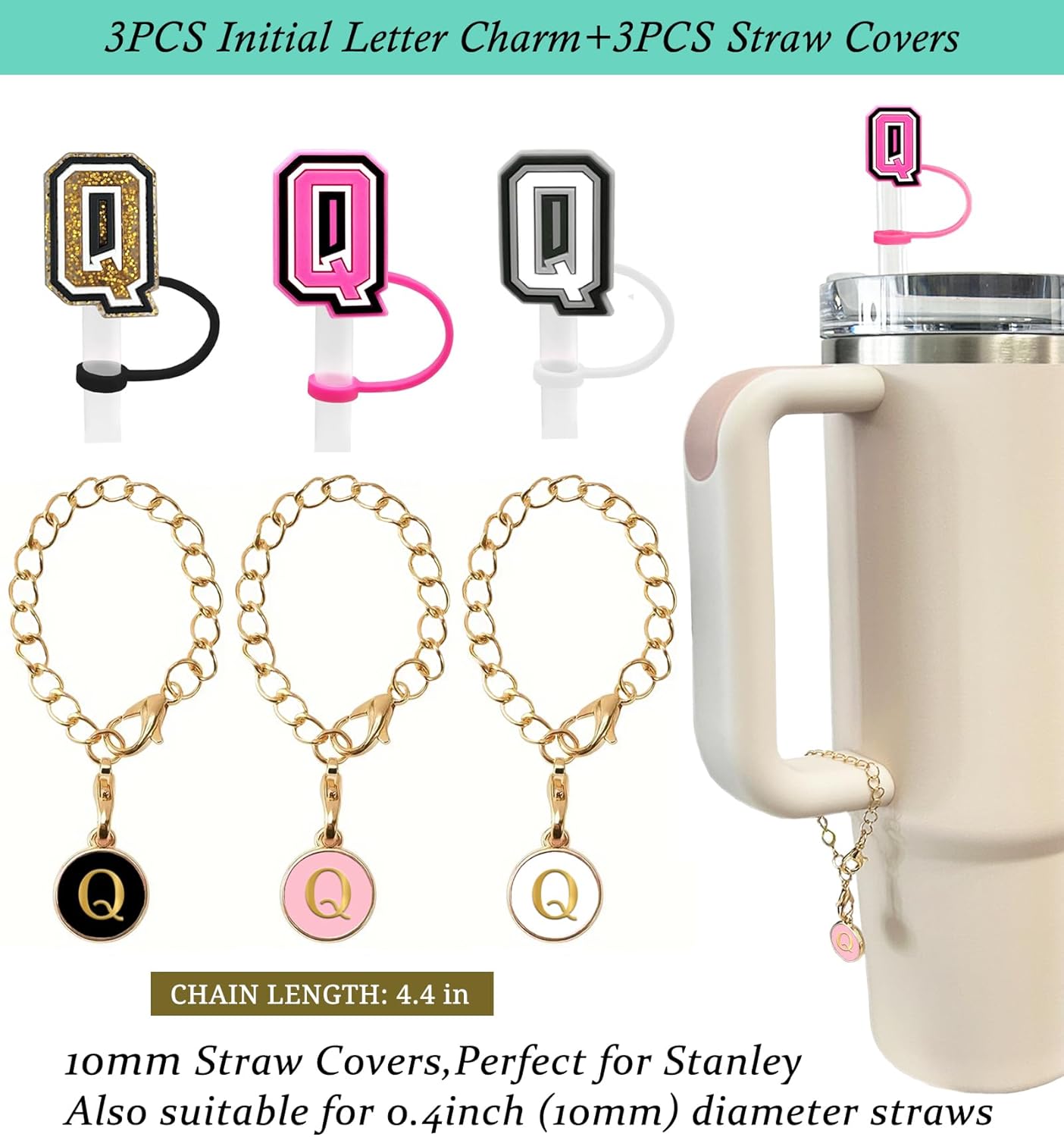 （3 +3) 3PCS Nuozme Straw Cover 10mm For Stanley Tumbler Cup Reusable Straw Cap Topper with 3 Initial Letter Charms Accessories Name ID Personalized Handle Charm For Stanley 30&40 Oz Cup Tumbler - Colors A
