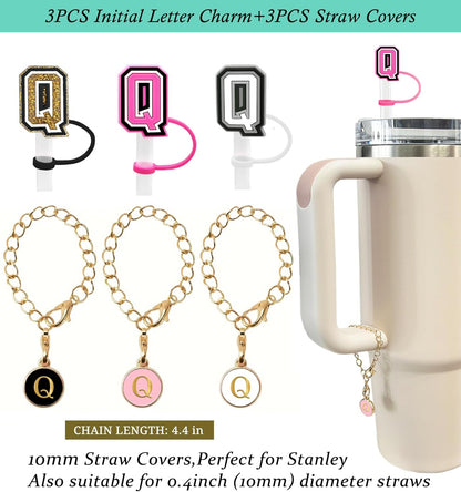 （3 +3) 3PCS Nuozme Straw Cover 10mm For Stanley Tumbler Cup Reusable Straw Cap Topper with 3 Initial Letter Charms Accessories Name ID Personalized Handle Charm For Stanley 30&40 Oz Cup Tumbler - Colors A