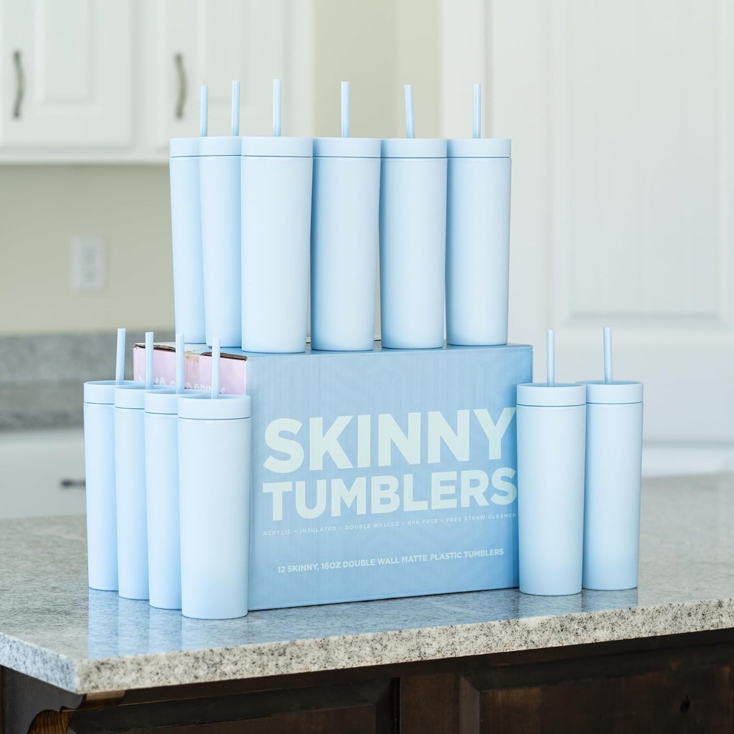 STRATA CUPS Perwinkle Skinny Tumblers with Lids and Straws (4 pack), 16oz Matte Pastel Colored Acrylic Tumblers with Lids and Straws, Double Wall Skinny Tumbler Bulk, Reusable Cup with Straw Cleaner