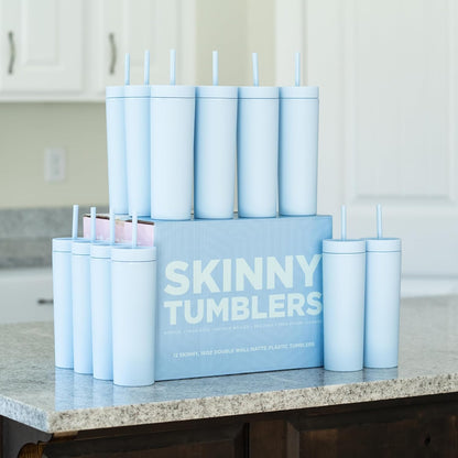 STRATA CUPS Perwinkle Skinny Tumblers with Lids and Straws (4 pack), 16oz Matte Pastel Colored Acrylic Tumblers with Lids and Straws, Double Wall Skinny Tumbler Bulk, Reusable Cup with Straw Cleaner