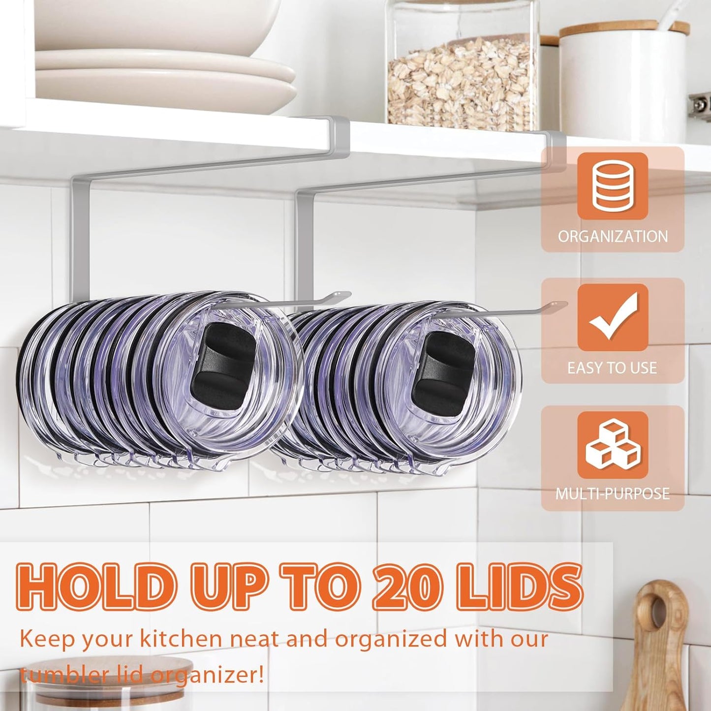 Tumbler Lid Organizer, Horizontal Tumbler Lid Storage Hook Up to 10 Lids, Space Saving Cup Lid Holders Under Cabinet Tumbler Lid Hook for Kitchen Organizer and Storage,Hanging Paper Towel Rack Hanger