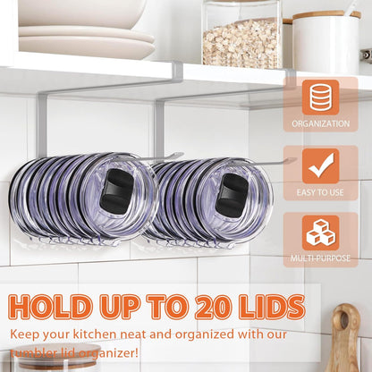 Tumbler Lid Organizer, Horizontal Tumbler Lid Storage Hook Up to 10 Lids, Space Saving Cup Lid Holders Under Cabinet Tumbler Lid Hook for Kitchen Organizer and Storage,Hanging Paper Towel Rack Hanger