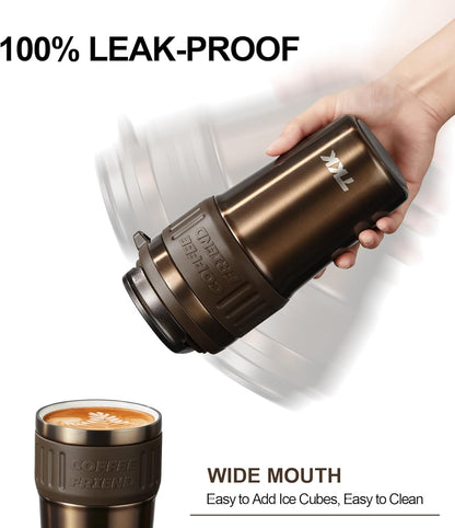 TKK Insulated Coffee Mug with Ceramic Coating, 21oz Iced Coffee Tumbler Cup with Straw Lid Double Wall Vacuum Leak Proof Travel Mug with Strap for Hot and Iced Beverage, Tungsten Steel