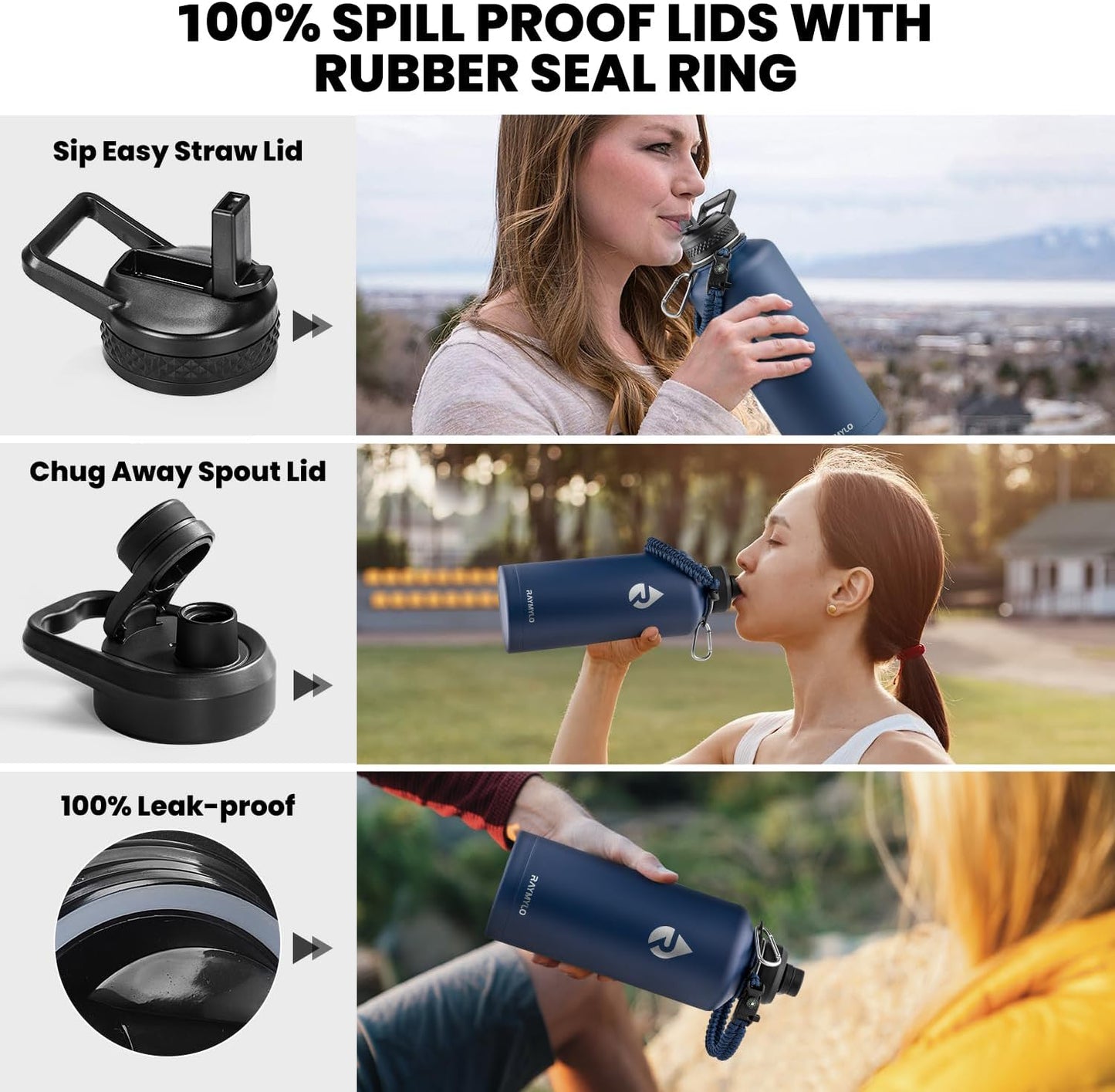 RAYMYLO One Gallon Water Bottle Insulated, Triple Walled Vacuum Stainless Steel (Cold for 48 Hrs), Leak Proof & Non-BPA, Large Water Flask Jug with Paracord Handle & Straw Spout Lids