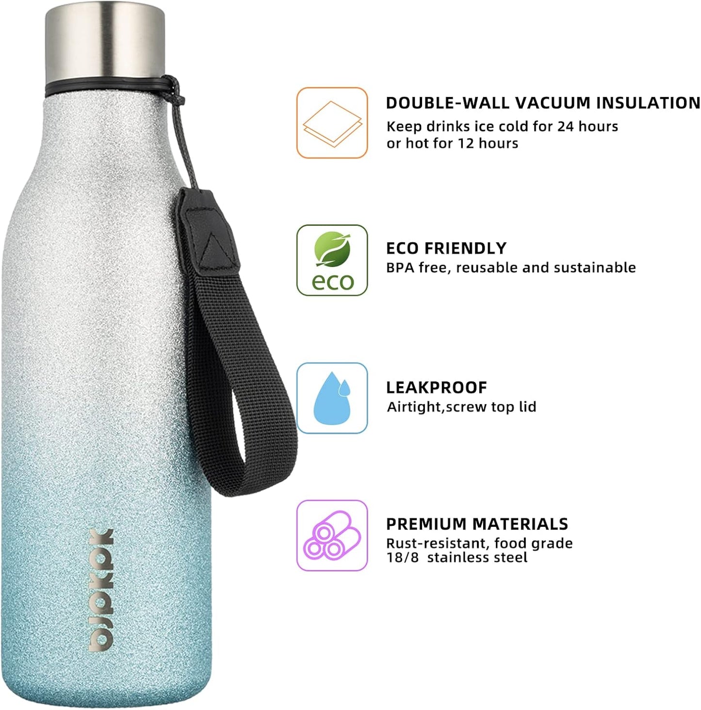 BJPKPK Insulated Water Bottles, 18 oz Stainless Steel Metal Water Bottle with Strap, BPA Free Leak Proof Jugs, Mugs, Flasks, Reusable Thermal Flasks for Sports & Travel, Black - Colors B