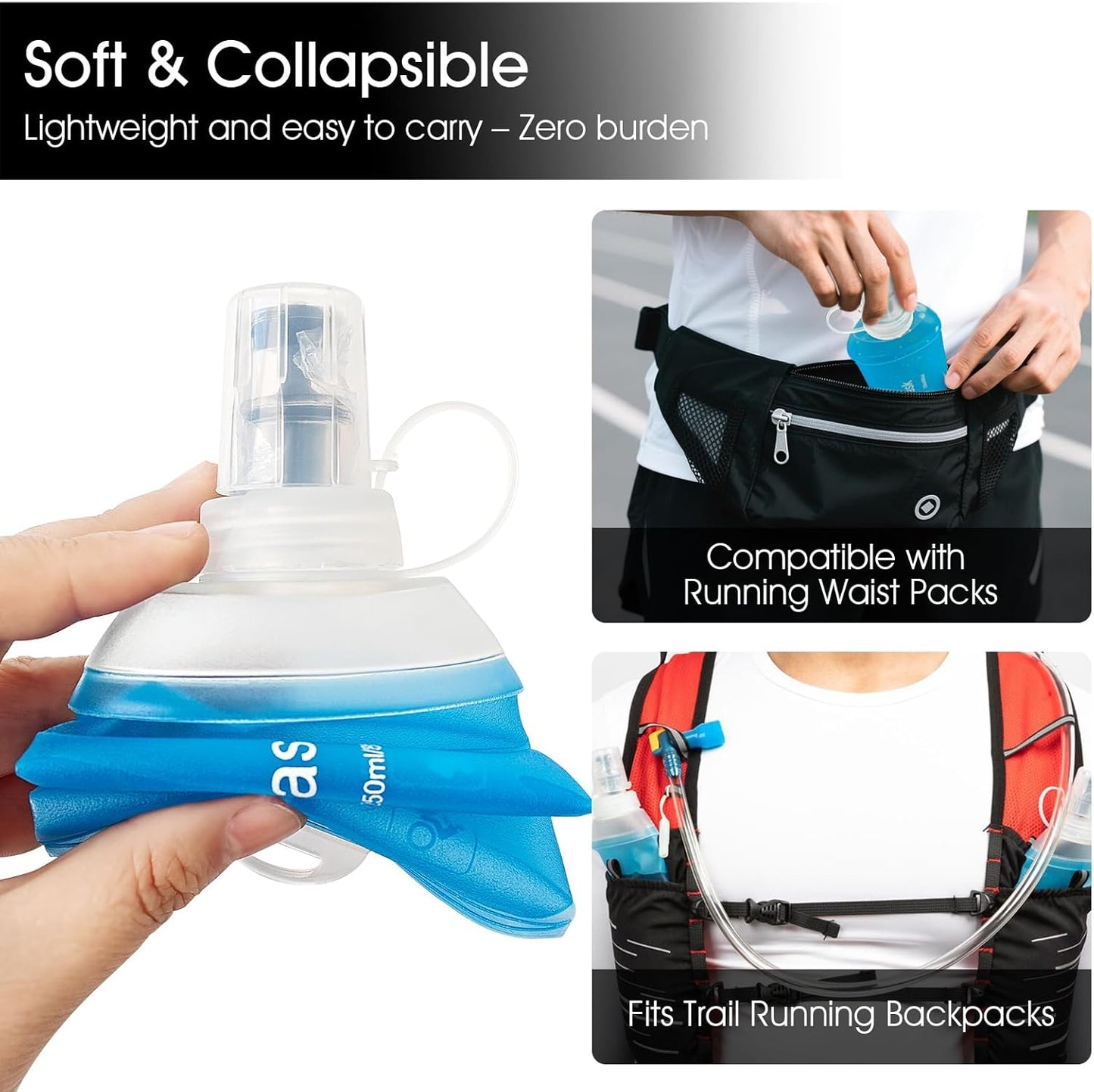 GYGYL Soft Flask, TPU Collapsible Soft Water Bottle for Hydration Pack, Running Vest, Leak-Proof Folding Water Bottle for Hiking Cycling Climbing Jogging-250ml Grey