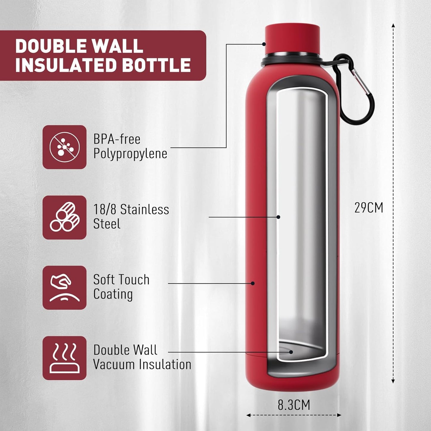 Exllena Slim Insulated Water Bottles for Travel 18oz with Clip, Double Wall Vacuum Stainless Steel Water Bottle Keeps Drinks Cold 24 Hrs/Hot 12 Hrs, 100% Leakproof, BPA Free(Black)