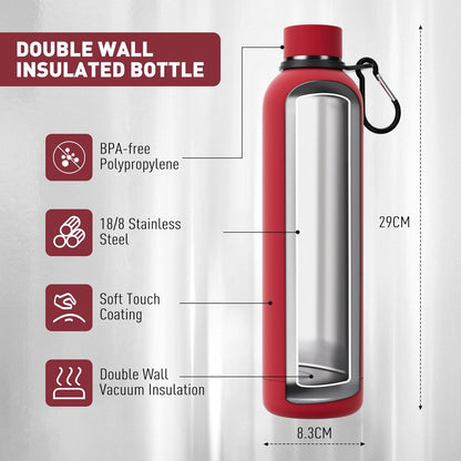 Exllena Slim Insulated Water Bottles for Travel 18oz with Clip, Double Wall Vacuum Stainless Steel Water Bottle Keeps Drinks Cold 24 Hrs/Hot 12 Hrs, 100% Leakproof, BPA Free(Black)