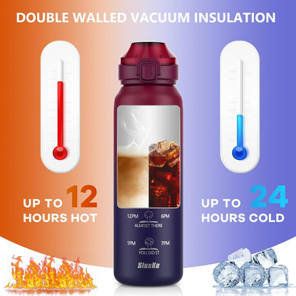 SLUXKE 24oz Insulated Water Bottle 18/10 Stainless Steel with 2Lids(Straw Lid& Spout Lids), 700ml Double Wall Vacuum Water Bottle with Handle Keep Cold and Hot for Men, Women & Kids PURPLE PINK
