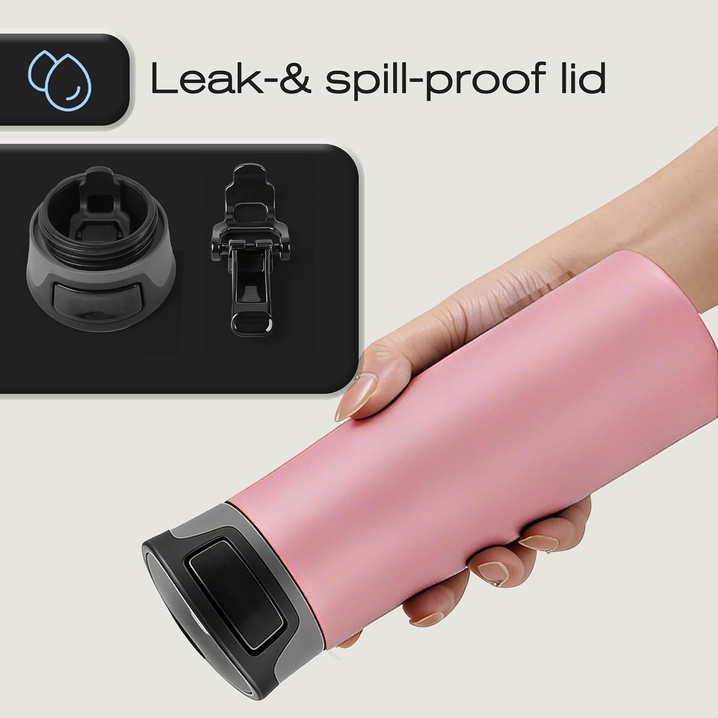 17 oz / 500 ml Travel Coffee Mug, One-Handed Pink Insulated Coffee Tumbler with Lid, Leak Proof Stainless Steel Coffee Cup, Reusable Water Bottle for Office, Car, Travel, Hot Coffee and Cold Drinks