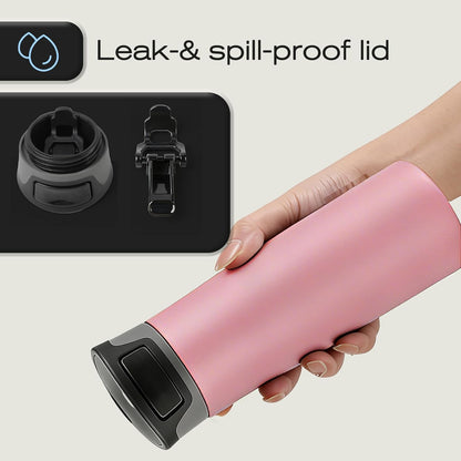 17 oz / 500 ml Travel Coffee Mug, One-Handed Pink Insulated Coffee Tumbler with Lid, Leak Proof Stainless Steel Coffee Cup, Reusable Water Bottle for Office, Car, Travel, Hot Coffee and Cold Drinks
