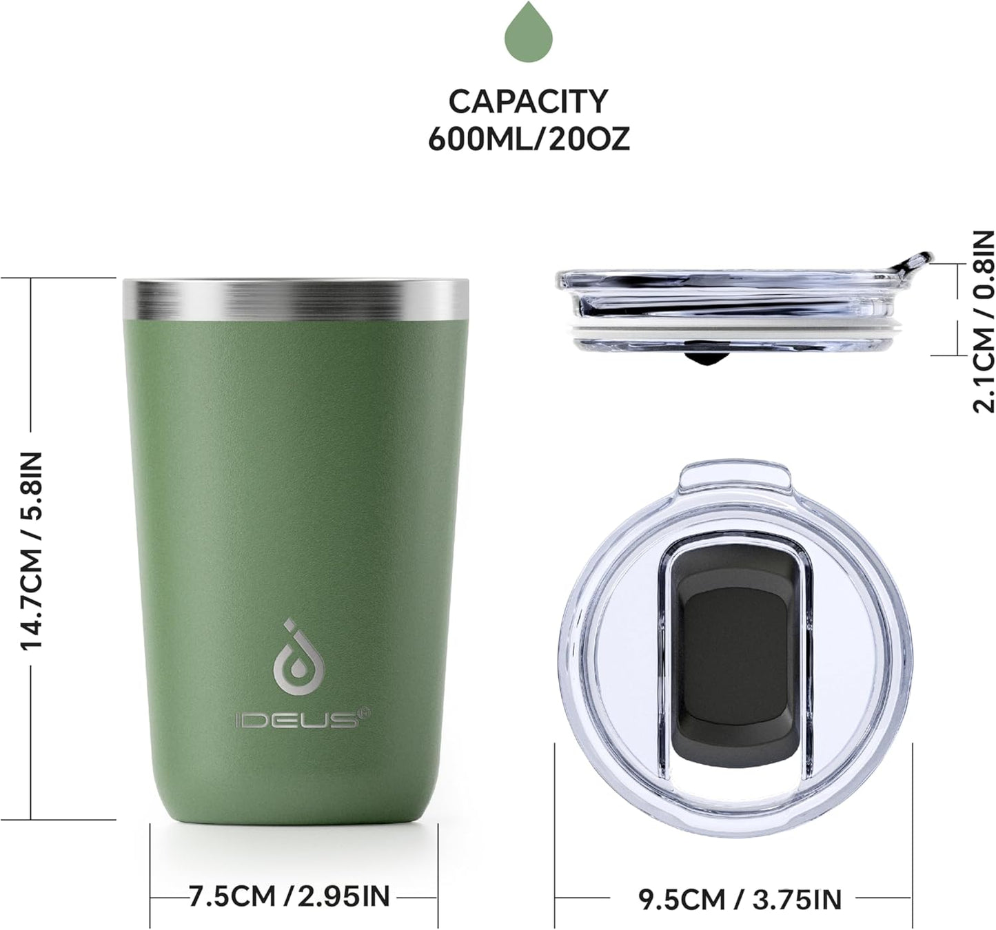 Ideus 20 oz Tumbler, Travel Coffee Mug with Splash Proof Sliding Lid, Double Wall Stainless Steel Vacuum Insulated Coffee Mug for Home and Office, Keep Beverages Hot or Cold, Avocado Green