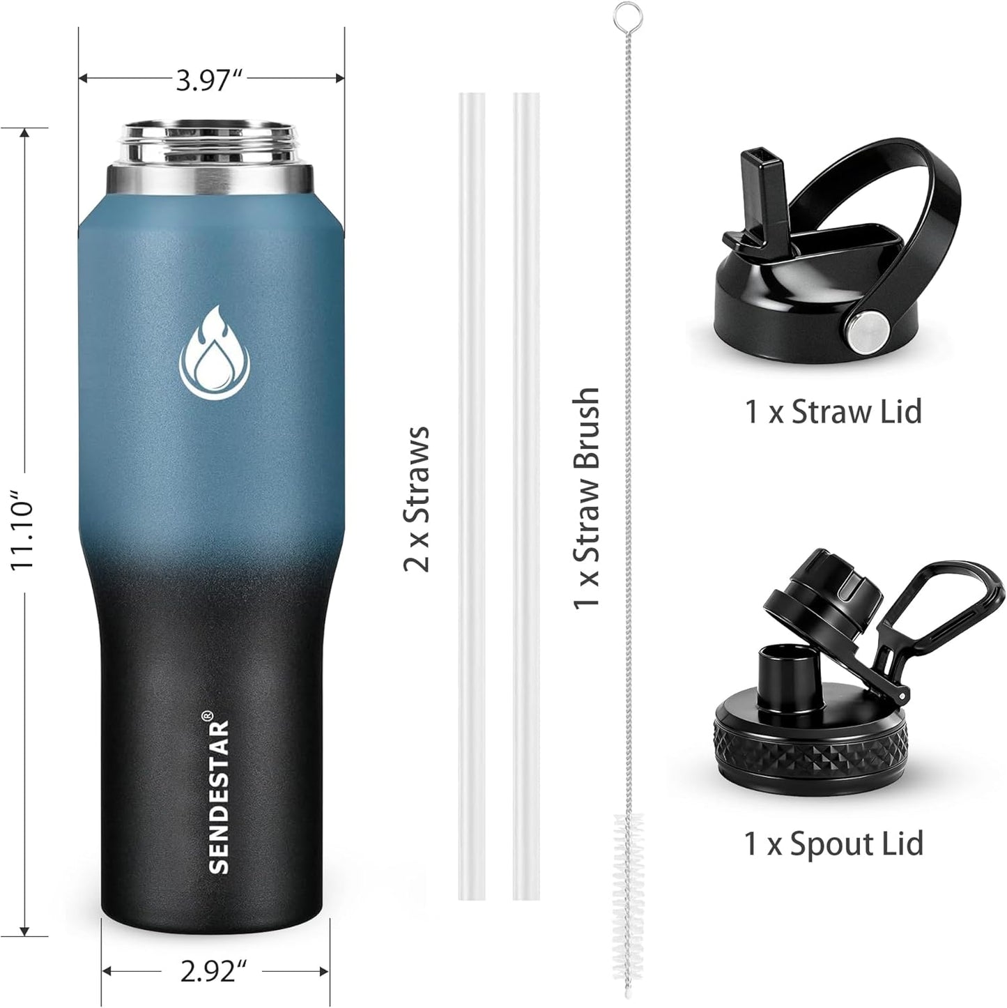 SENDESTAR 40oz Water Bottle Wide Mouth Stainless Steel Vacuum Insulated Double Wall with Straw Lids Fit in Any Car Cup Holder