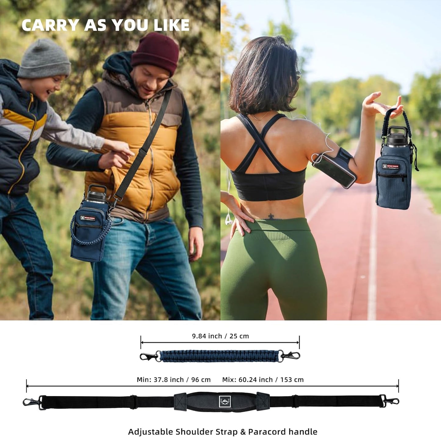 NATURE PIONEOR Water Bottle Holder with Adjustable Strap - 26/32/36/40/46/64oz Insulated Water Bottle Sling Carrier with Paracord Handle & 2 Pockets, Outdoor Sports, Hiking, Camping, Gym