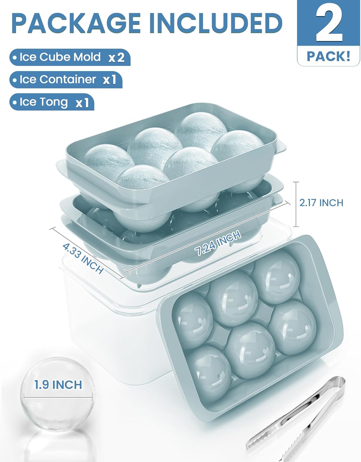 Large Ice Cube Tray for Freezer - 2 Pack Stackable Round Ice Cube Molds Set, Easy to Fill & Release with Storage Bin and Tongs for Kitchen, Party, Cocktail & Coffee, Gifts for Whiskey Lover (1.93In)