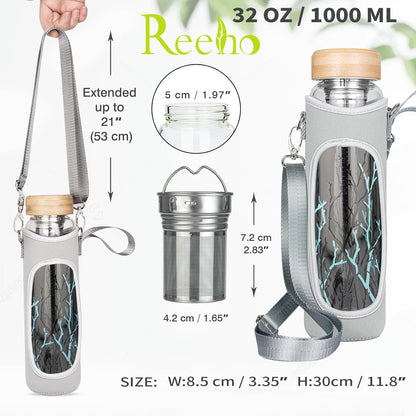 32oz Borosilicate Glass Water Bottle with Tea Infuser, Tea Tumbler with Strainer, Reusable Travel Mug with Sleeve & 2 Lids, Glass Drinking Bottle for Hot or Cold Drinks
