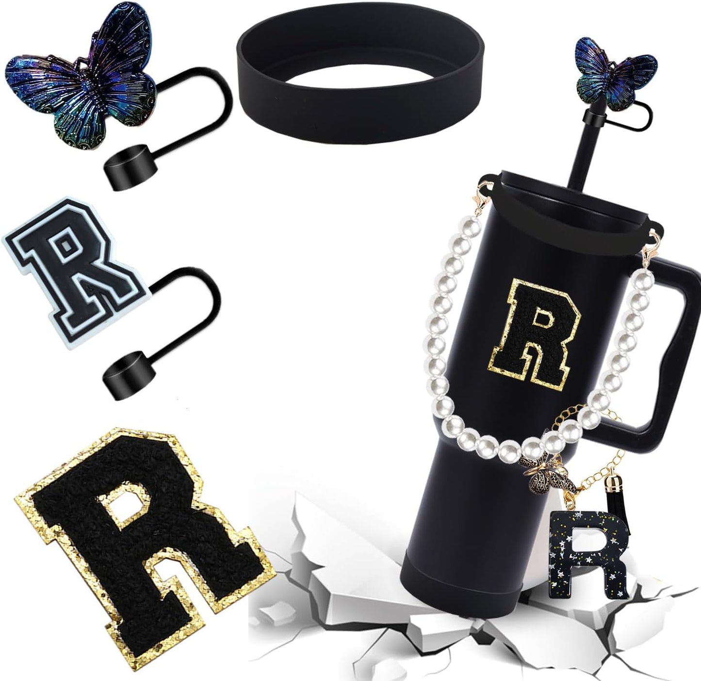 7pcs Cup Accessories for Stanley 30/40oz Tumbler, Handle Strap, Straw Cover, Silicone Boot, Letter Charm Stickers