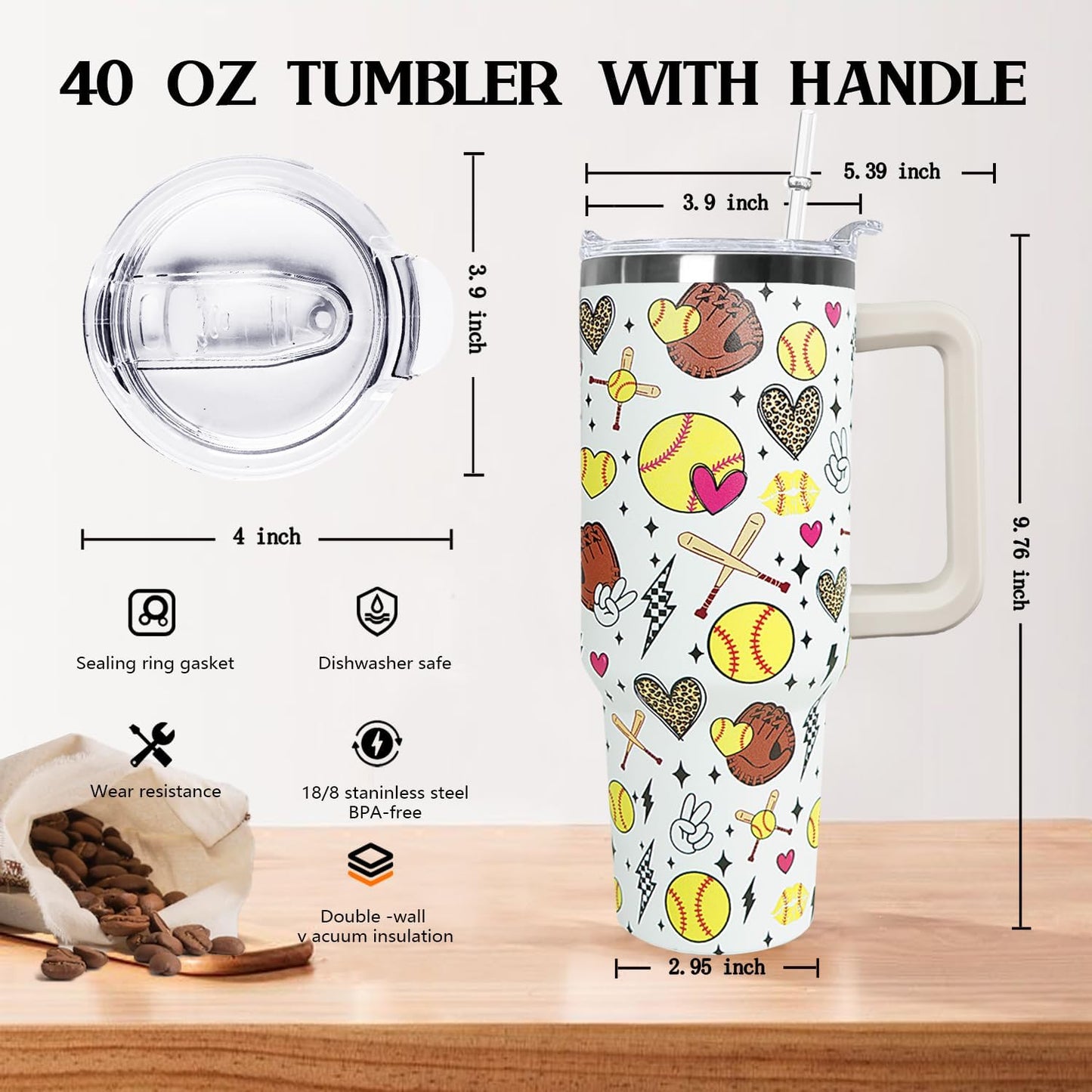 Ceovfoi 40 oz Pickleball Coffee Mug Vacuum Insulated Travel Tumbler with Handle, Lid & Straw - Perfect Pickleball Gifts for Players, Coaches, Lovers | Pickleball Accessories
