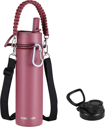 KXIAOCHEN Insulated Water Bottle With Strap, Cold For 48 Hrs Leak Proof, Triple Wall Stainless Steel Sports Water Bottle With Straw And Spout Lid For Gym Hiking Travel