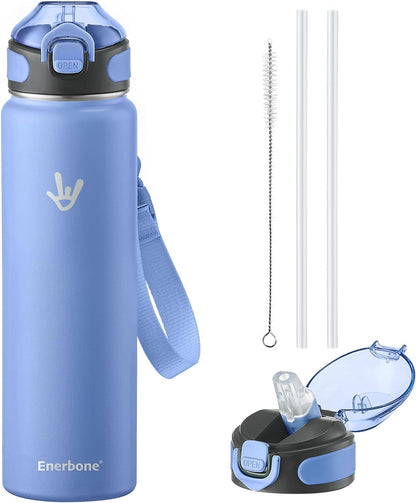 Enerbone 24 oz Insulated Water Bottle, Stainless Steel Bottle with Carrying Strap, Double-Wall Vacuum Insulation Design, Leakproof Sports Bottle with Straw, Keep Drinks Cold or Hot for Hours
