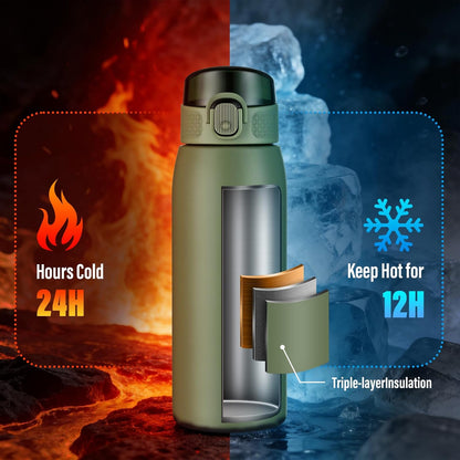 Insulated Water Bottle 24 oz with Dustproof Lid, Carry Handle & Tea Infuser, BPA-Free & Leakproof, Stainless Steel Water Bottles Ideal for Fitness, Hiking, Office & Outdoor Use (Black)
