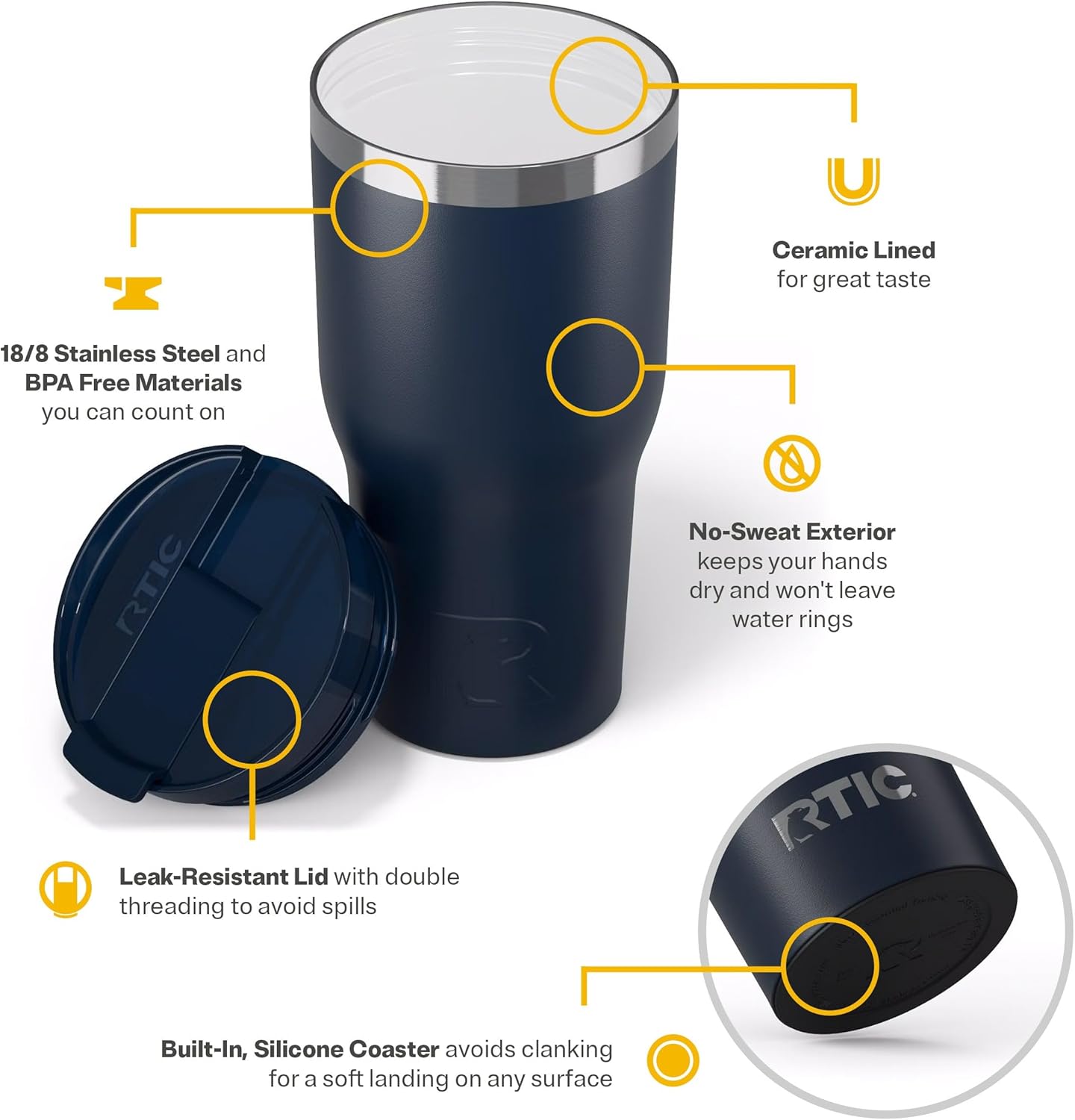 RTIC 20oz Essential Tumbler with Lid, Ceramic Lined, Insulated, Stainless Steel, Metal, Double Wall Vacuum-Insulation, Travel Cup for Iced Coffee, Tea, Hot and Cold Drink, Graphite