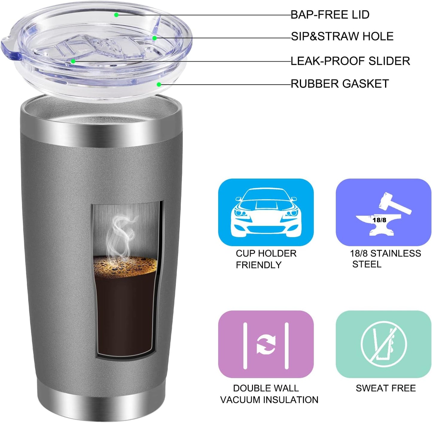 VEGOND 20oz Tumbler with Lid and Straw Stainless Steel Tumbler Cup Bulk Vacuum Insulated Double Wall Travel Coffee Mug Powder Coated Coffee Cup, Black, 12 Pack