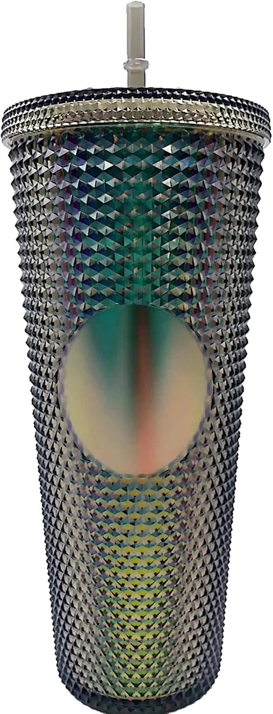 Studded Tumbler With Straw Tumblers With Lids And Straws Iridescent Blue Cups Water Cup With Straw And Lid BPA-Free Double-Wall Plastic for Iced Coffee Cups or Water 24 Oz