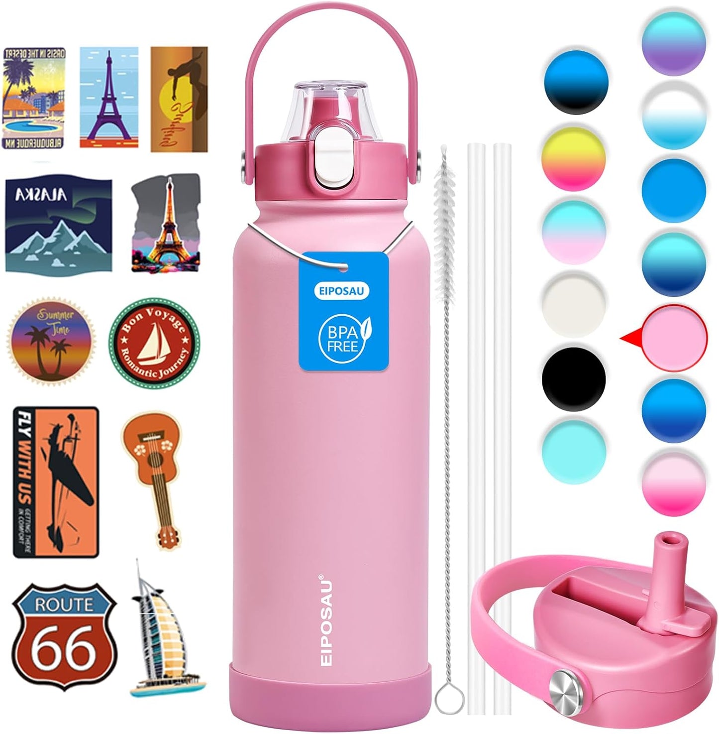 Insulated Water Bottle with Lid & Boot & Stickers, 24 oz Stainless Steel Sweat Free Bottle Keep Cold 24H, BPA-Free Sports Wide Mouth Water Bottle, BlueBlack