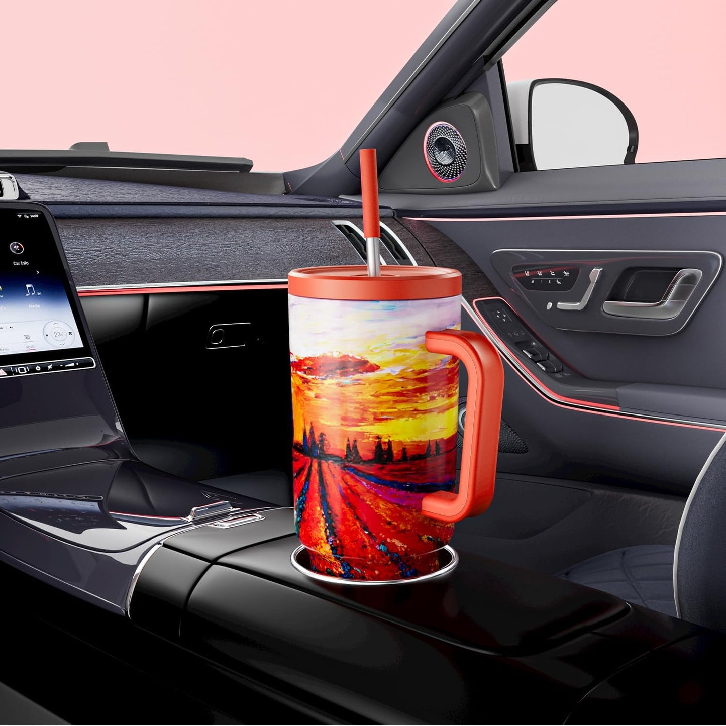 Meoky 40 oz Tumbler with Handle and Straw: Stainless Steel Insulated Tumbler with Lid and Straw - 100% Leak Proof Tumbler for Car Cup Holders - Travelers Commuters Workers, Pink