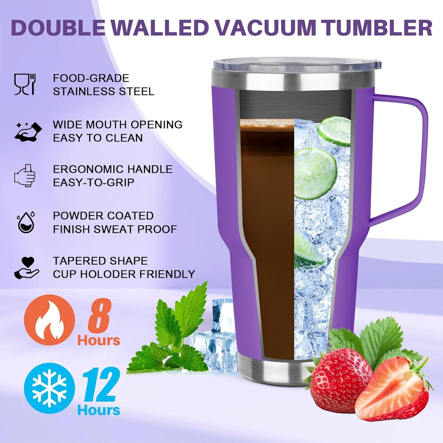 40 oz Tumbler with Handle, Insulated Tumbler with Lid and Straw, Reusable Stainless Steel Vacuum Insulated Cup, 100% Leak Proof Thermal Travel Coffee Mug Cup for Cold and Hot (Light Purple)