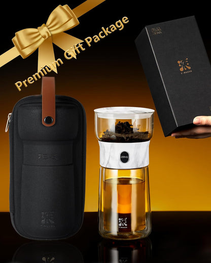 ZENS Modern Glass Infuser Teapot, One Touch Tea Maker for Loose Leaf Tea with Insulated Mug and Portable Case. Enchanted Pot Alternatives for Tea Lover Gifts