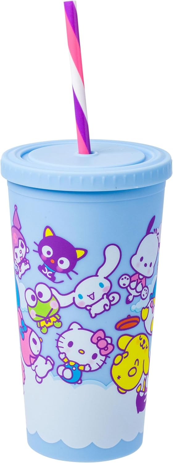 Silver Buffalo Sanrio Hello Kitty Milk Carton Pattern Plastic Boba Tumbler w Lid and Wide Straw, 24 Ounces