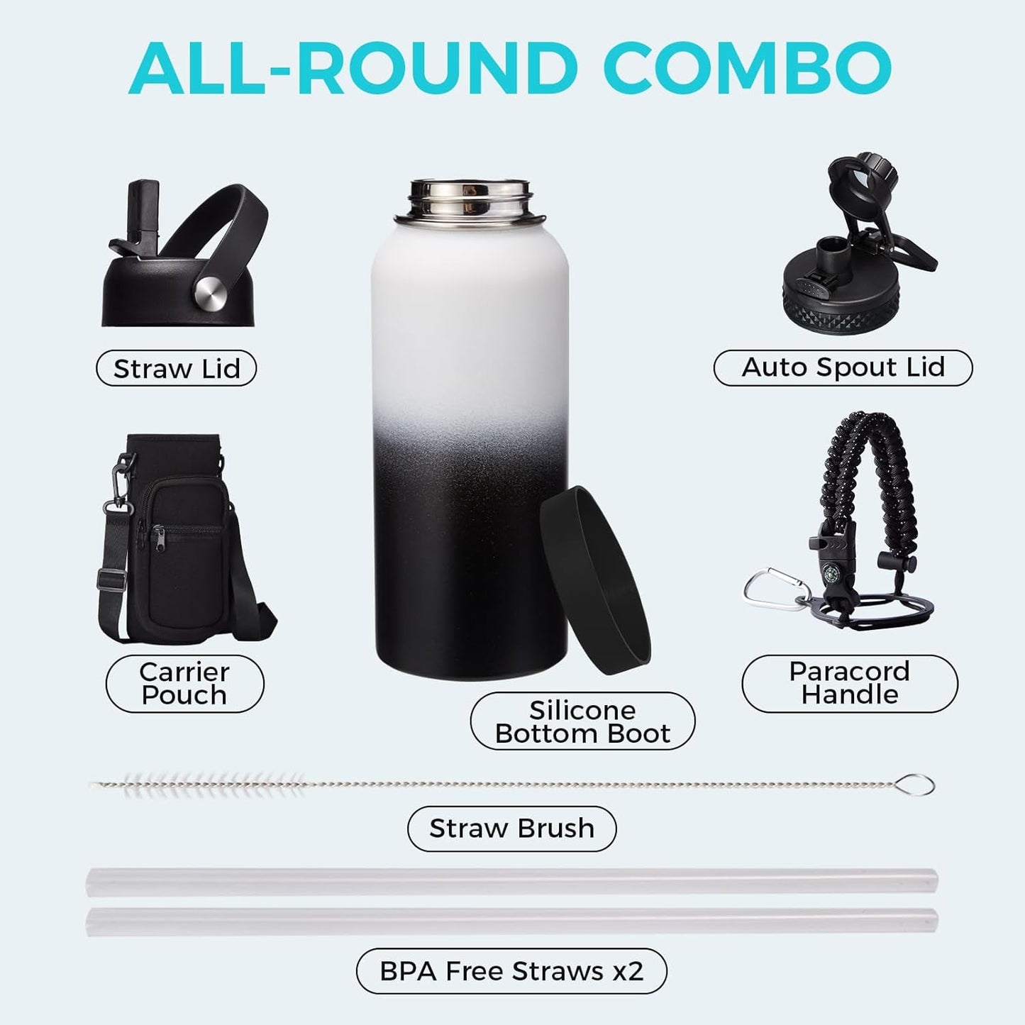 32/40/64OZ Insulated Water Bottle - Keep Cold 48H Hot 24H, Combo Straw/Spout Lids, Paracord Handle for Gym/Hiking, Carrier Bag +Strap, Cup Mat, BPA-Free Stainless Steel Flask Jug
